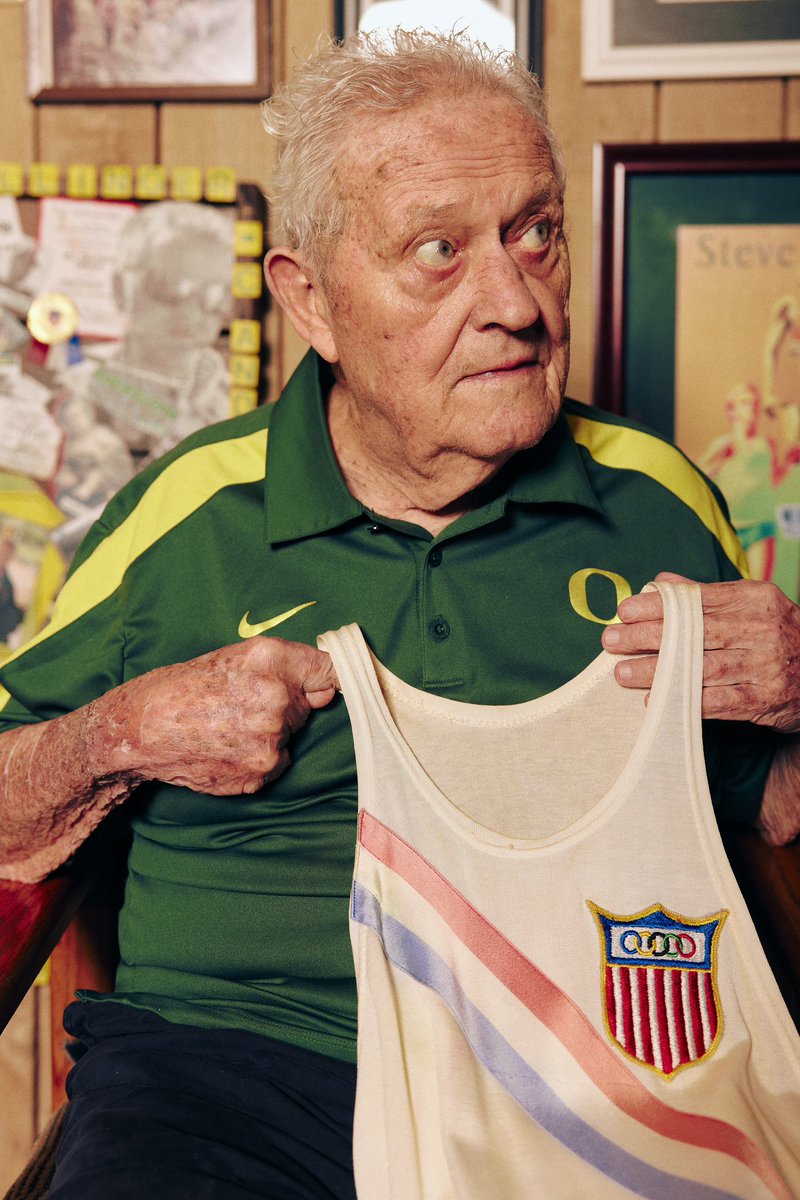 Olympians Bill Dellinger and Cole Hocker for <a href="/newgenerationtf/">New Generation Track and Field</a>, shot in Eugene, OR at Bill Dellinger's home.

Bill pictured holding his Olympic Team USA singlet from the 1956 Melbourne games

Edition 8 out soon!