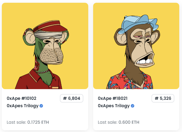 THR33NFT's tweet photo. I'm looking to sell all 6 of these.  Hit me up if you are interested with a fair offer. Thanks! #0xApes #TRIBΞ https://t.co/GTCJkwuCOB