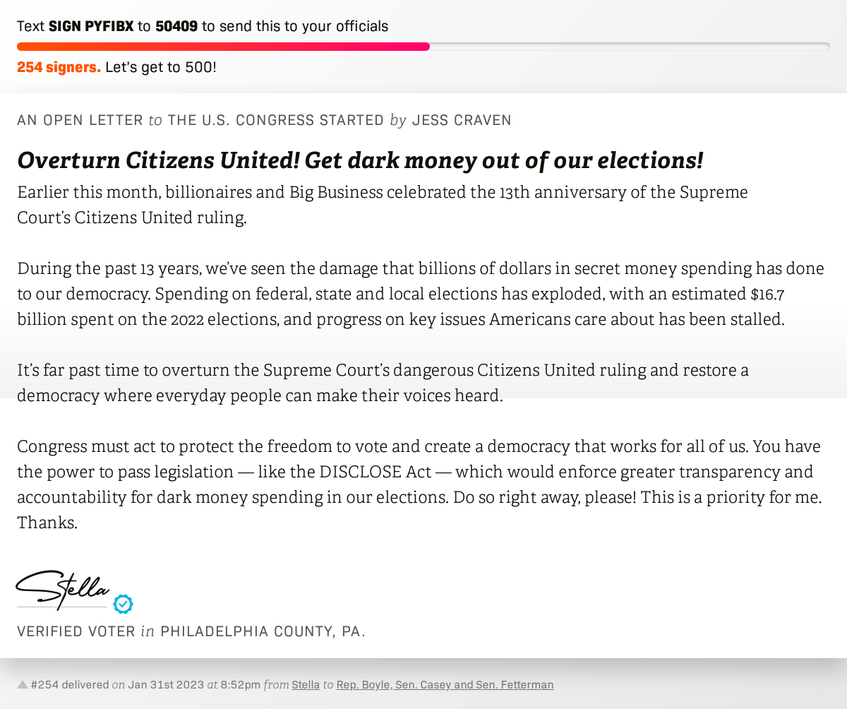 openletterbot's tweet image. 🖋 Sign Overturn Citizens United! Get dark money out of our elections! and I'll deliver a copy to your officials:   📨 No. 254 is from Stella to @CongBoyle, @SenBobCasey and Sen. Fetterman #PA2 #PApol