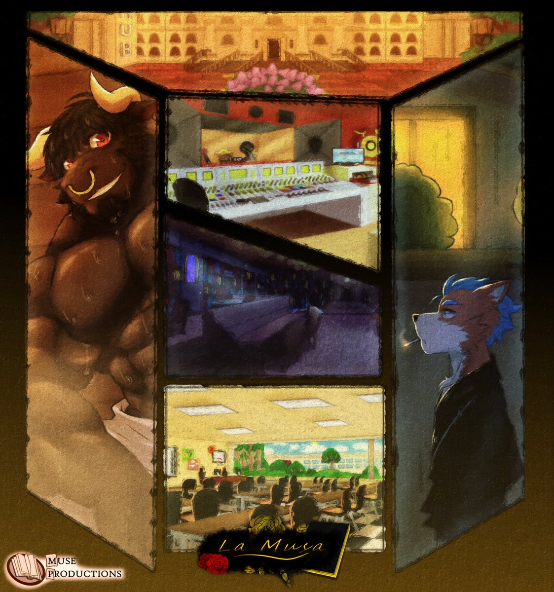 MuseProductsDev's tweet photo. Lastly, here's an update about La Musa. Thank you, @romBrelandlive, for the great collage to hype up the update (build) v1.2.0. In the middle of the picture seems different... #furry #vn #LaMusaVN https://t.co/WBQtQlthEz