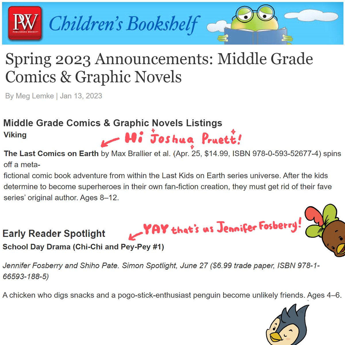 SPOTTED Chi-Chi and Pey-Pey @jenfos in @PublishersWkly ! Thank you❤️ High five to @EastWestLit family @zombietardis THE LAST COMICS ON EARTH too! 
Read the list here: publishersweekly.com/pw/by-topic/ne…
#kidlit #graphicnovel #earlyreader