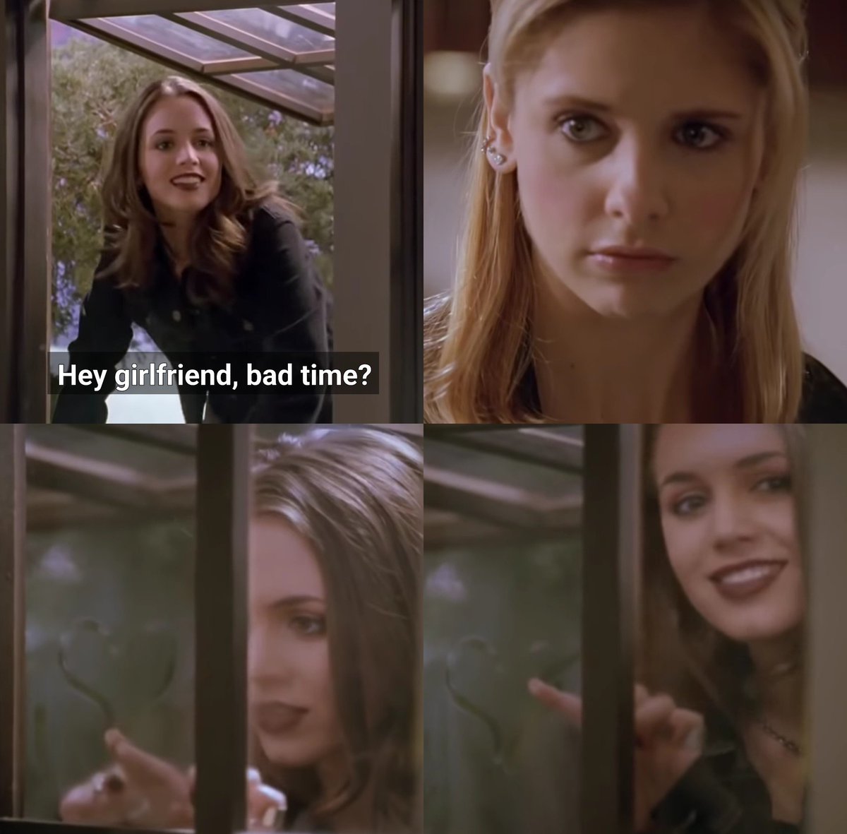 sapphicslike's tweet photo. faith calling buffy girlfriend and drawing a heart on the window https://t.co/ORTgUXafpC