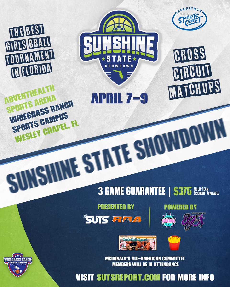 (1/3) The biggest and most competitive GBB Grassroots event in FL is back for year 8! The 2023 Sunshine State Showdown will be held at the Wiregrass Ranch Sports Campus in beautiful Wesley Chapel, FL. Big time competition and media coverage to start the travel season !! #SSS23