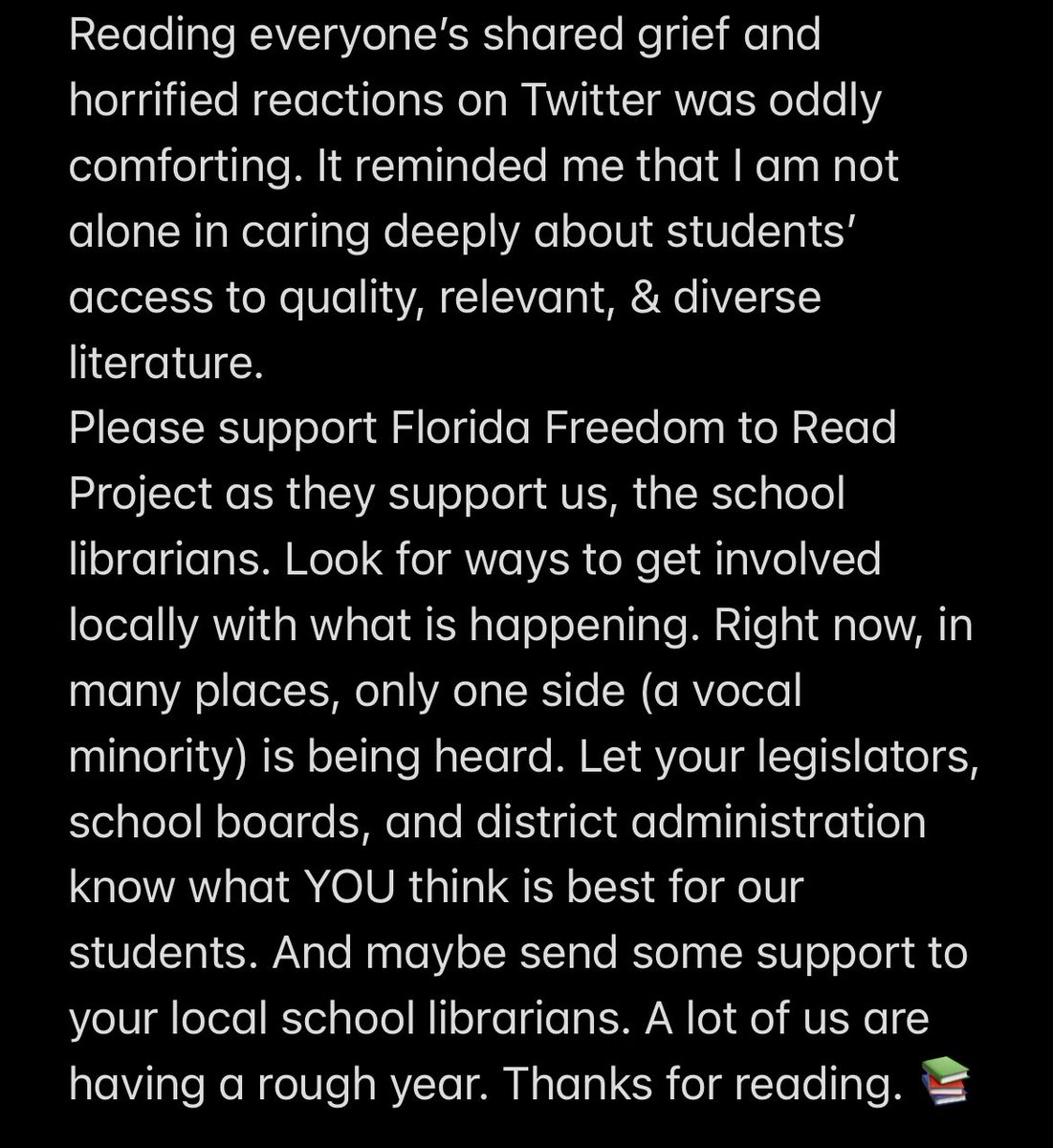 FLFreedomRead's tweet photo. Thank you to those who share our outrage over so many important, diverse stories being removed in FL schools. We don’t have a PR team or deep pockets to get the word out, so we are grateful for the RTs.

The librarian who shared the image w/ us has this message: https://t.co/3HopVu68dJ