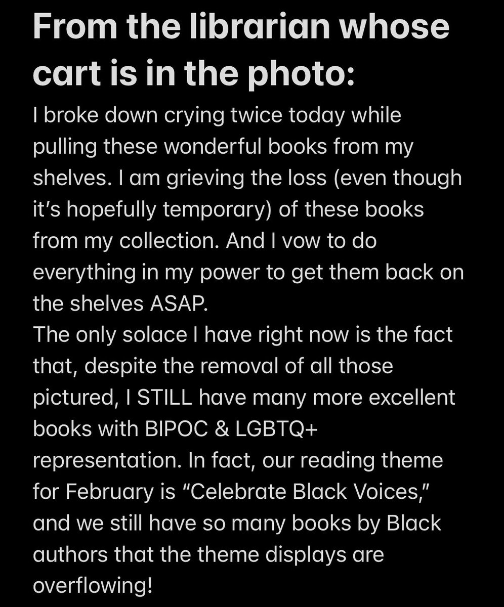 FLFreedomRead's tweet photo. Thank you to those who share our outrage over so many important, diverse stories being removed in FL schools. We don’t have a PR team or deep pockets to get the word out, so we are grateful for the RTs.

The librarian who shared the image w/ us has this message: https://t.co/3HopVu68dJ