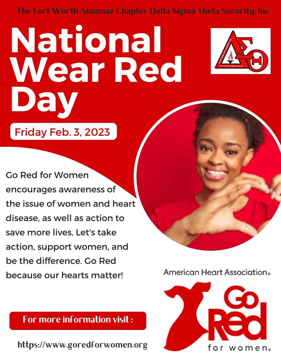 fortworthdst's tweet photo. National Go Red Day is Feb 3. Who better than Delta Sigma Theta Sorority, Incorporated to join the American Heart Association to wear RED in support for women who suffer from heart disease & stroke. Post your photos to social media & use the hashtags #DSTGoRed and #GoRedforWomen. https://t.co/kVp6DvOmlD