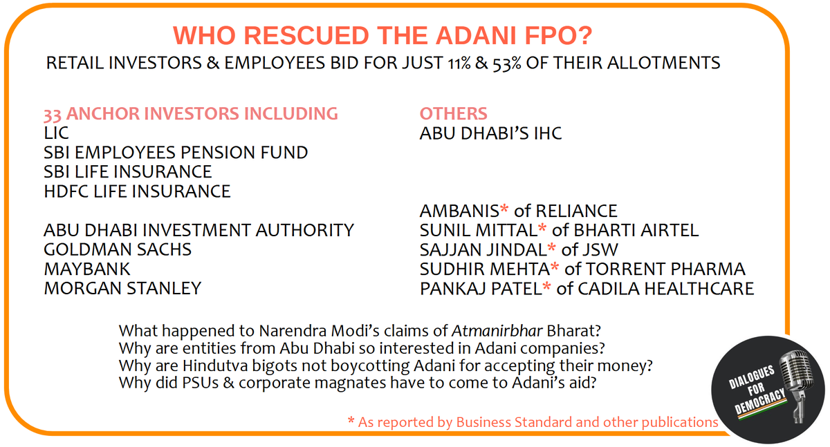 Dialogues4Demo's tweet photo. #AdaniFPO squeaked through, reportedly thanks to Ambanis, Mittal, Jindal et al &amp; Abu Dhabi Sheiks.

When will the rescue be rewarded? Right away if some of #NirmalaSitharaman's #Budget2023 announcements mysteriously benefit #AdaniEnterprises/#AdaniGroup.

#PMCaresFund for Cronies https://t.co/yP3Wuy4mwC
