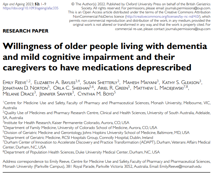 Emily Reeve (@reeve_research) on Twitter photo People living with #dementia and mild cognitive impairment are generally willing to have one of their medications #deprescribed
Read more here: doi.org/10.1093/ageing…
<a href="/CentMedUseSafet/">CMUS</a> <a href="/JHGeriatrics/">Johns Hopkins Geriatric Medicine & Gerontology</a> <a href="/KPcolorado/">Kaiser Permanente CO</a> <a href="/MIPS_Australia/">Monash Institute of Pharmaceutical Sciences</a> <a href="/cynthiaboyd16/">Cynthia Boyd</a> People living with #dementia and mild cognitive impairment are generally willing to have one of their medications #deprescribed
Read more here: doi.org/10.1093/ageing…
<a href="/CentMedUseSafet/">CMUS</a> <a href="/JHGeriatrics/">Johns Hopkins Geriatric Medicine & Gerontology</a> <a href="/KPcolorado/">Kaiser Permanente CO</a> <a href="/MIPS_Australia/">Monash Institute of Pharmaceutical Sciences</a> <a href="/cynthiaboyd16/">Cynthia Boyd</a>