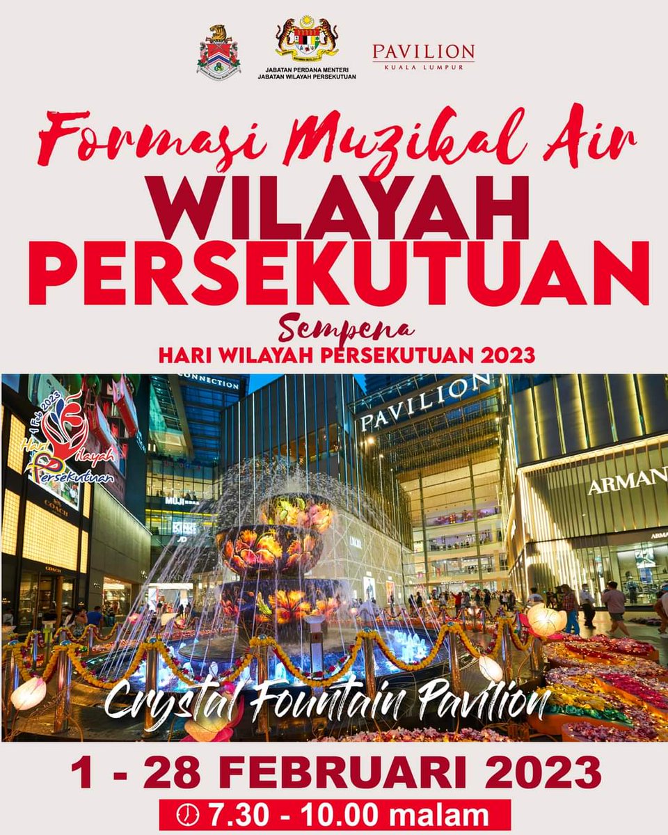 Jabatan Penerangan WPKL🇲🇾 (@japenwpkl) on Twitter photo WOW 🤩😍🥳..
MENGHIBURKAN MALAM FEBRUARI💛💙❤️
Pertunjukan Formasi Muzikal Air Wilayah Persekutuan akan menemui anda mulai malam ini, 1 Februari bersempena dengan Sambutan Hari Wilayah Persekutuan 2023 ❤️
#WPUntukSemua
#HariWilayah2023
#SHWP2023
#OurCityOurHome
#KLCeria
<a href="/jpmgov_/">Jabatan Perdana Menteri</a> WOW 🤩😍🥳..
MENGHIBURKAN MALAM FEBRUARI💛💙❤️
Pertunjukan Formasi Muzikal Air Wilayah Persekutuan akan menemui anda mulai malam ini, 1 Februari bersempena dengan Sambutan Hari Wilayah Persekutuan 2023 ❤️
#WPUntukSemua
#HariWilayah2023
#SHWP2023
#OurCityOurHome
#KLCeria
<a href="/jpmgov_/">Jabatan Perdana Menteri</a>