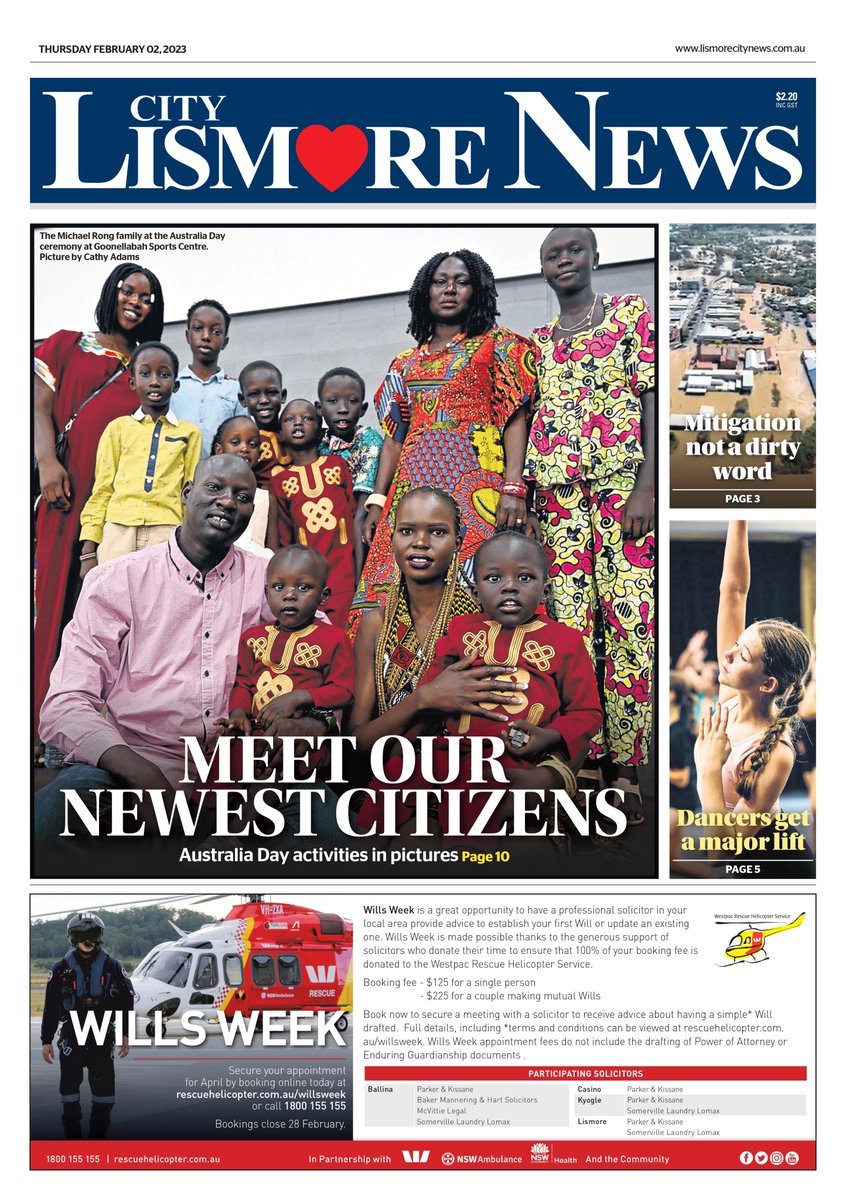 In this Thursday's edition of Lismore City News:
# Australia Day awards and new citizens in pics
# 'Flood engineering' solutions a must, says MP
# DV campaigner raises $15,000