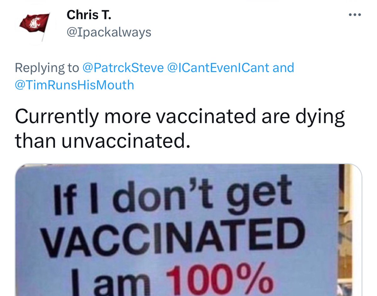 MsTrixter's tweet image. They also know 5 people who died from “the jab”… and claims to know this because they work in a hospital.
🤦‍♀️

And then they pull out the “more vaccinated are dying than unvaccinated” line. #BaseRateFallacy