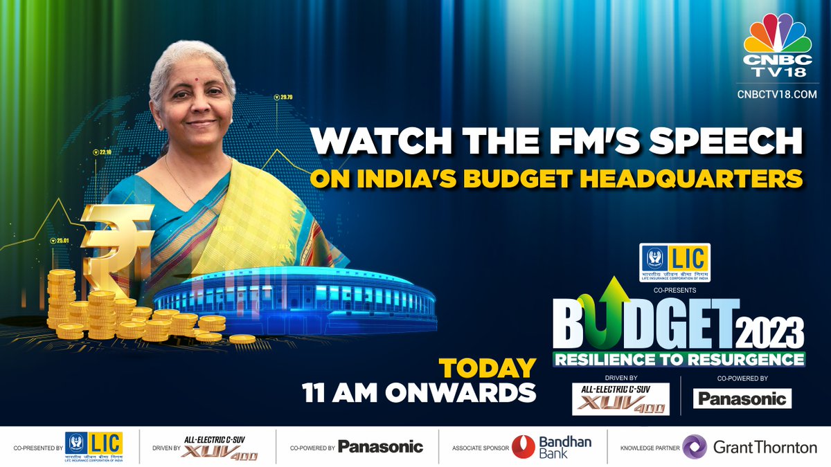 CNBCTV18News's tweet photo. Watch FM Nirmala Sitharaman's #budget speech LIVE on CNBC-TV18, India's Budget Headquarters.
Tune in on Feb 1, 11 am onwards.
@CNBCTV18Live @ShereenBhan @bandhanbank_in #BudgetWithCNBCTV18 #ResilienceToResurgence #CountdownToBudget #Unionbudget #Unionbudget2023 https://t.co/OekpS5iwbu
