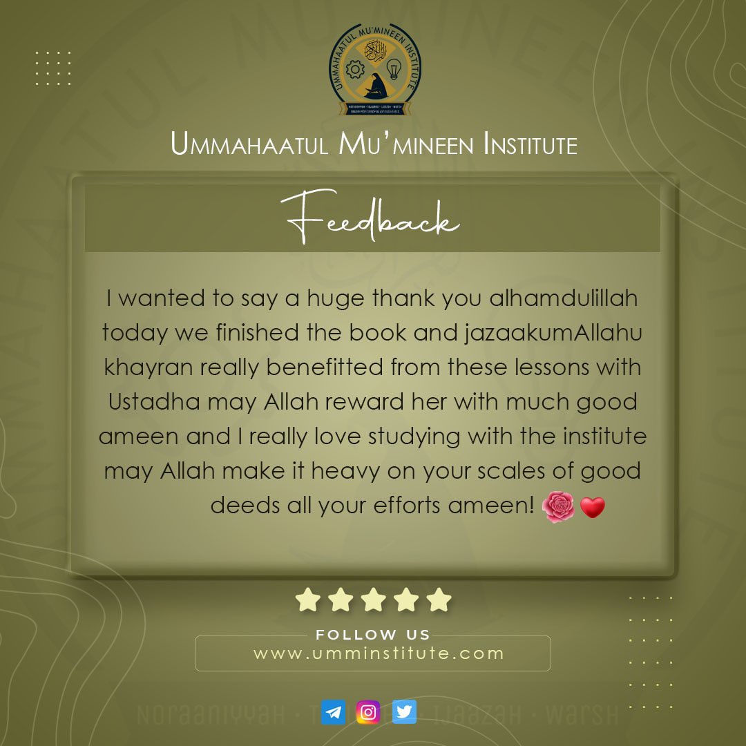 Student feedback helps us strive to provide the best online Quran education, beithnillaah.

 Thank you for your support!

 Looking for a qualified Qur'an instructor? Check out our website umminstitute.com 

#StudentFeedback #QuranicEducation #OnlineQuranClass #Gratitude
