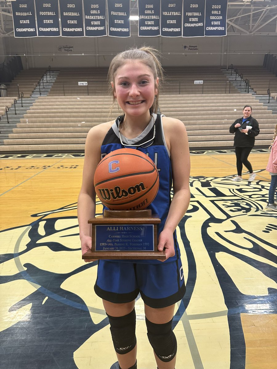 Carroll_GBB's tweet photo. Junior Alli Harness becomes Carroll High School’s all time leading scorer with 1596 points and counting. Alli passes 1995 graduate K. Forman. Congratulations @alliharness_7 https://t.co/lRhRIL3Dze