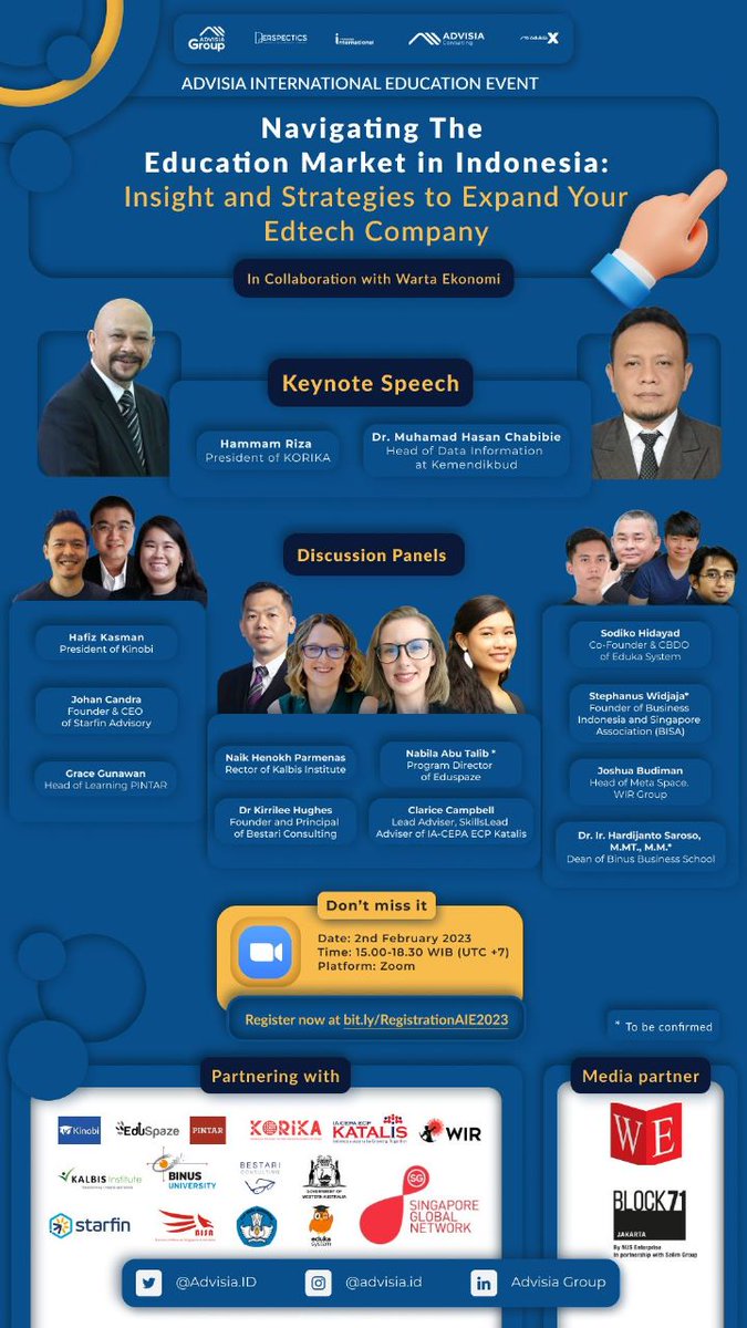 katalis_ia's tweet photo. Come and join @clariecam, Katalis Skills Lead Adviser, for the panel discussion to be held by @Advisia_ID @WartaEkonomi, on "Navigating the Education Market in Indonesia: Insight and Strategy to Expand Your Edtech Company" 👏

Thu, 2 Feb '23, 15.00 WIB

https://t.co/0NlYZhxPsS https://t.co/Z7iELUJmJg