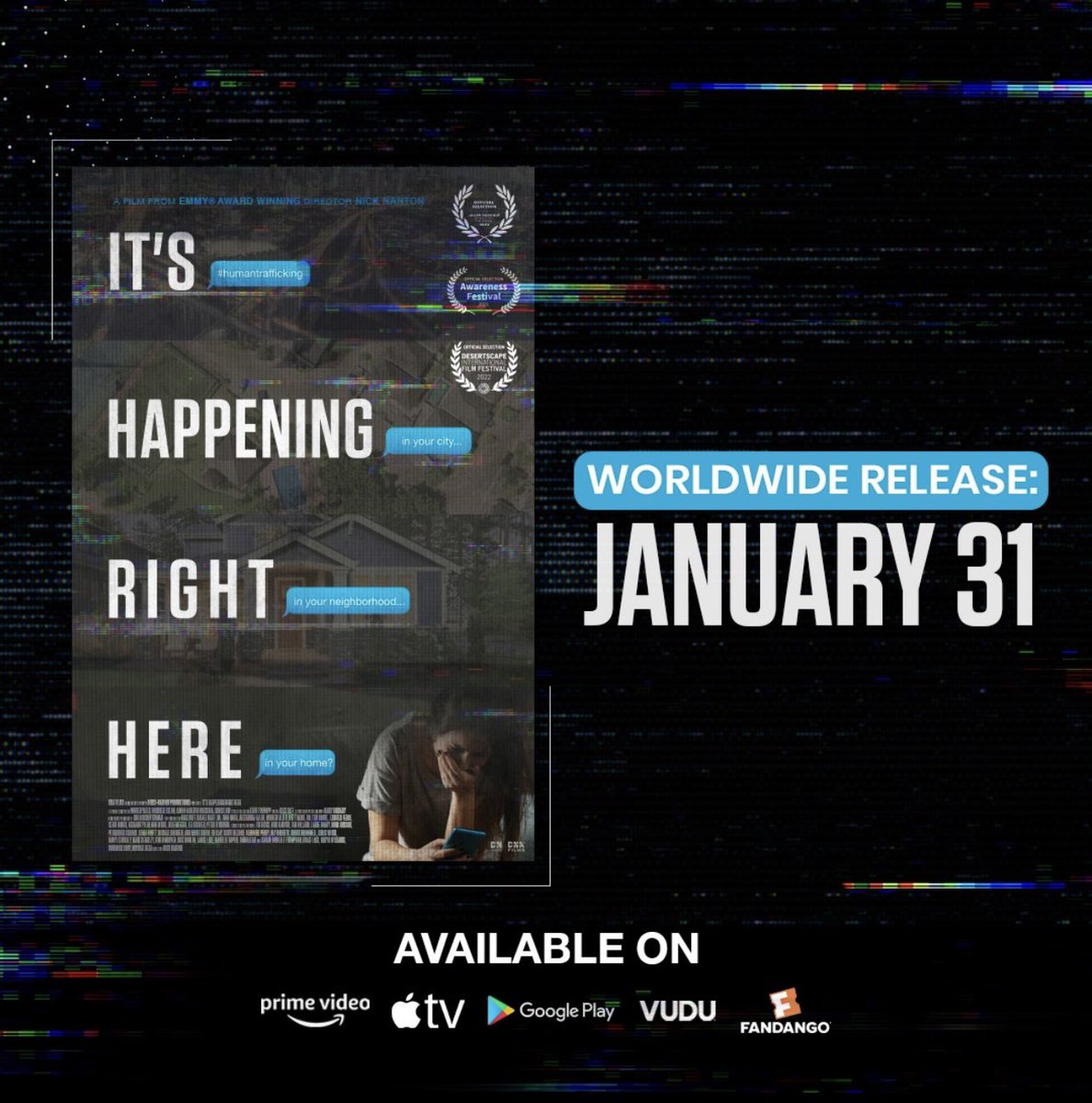 Our newest documentary “It’s Happening Right Here” is now available to buy or rent on Prime Video, Apple TV, Google Play, VUDU, and Fandango

Thank you @nicknanton1 and @DNAFilmsOnline for bringing this information about child trafficking in the US to light!!
