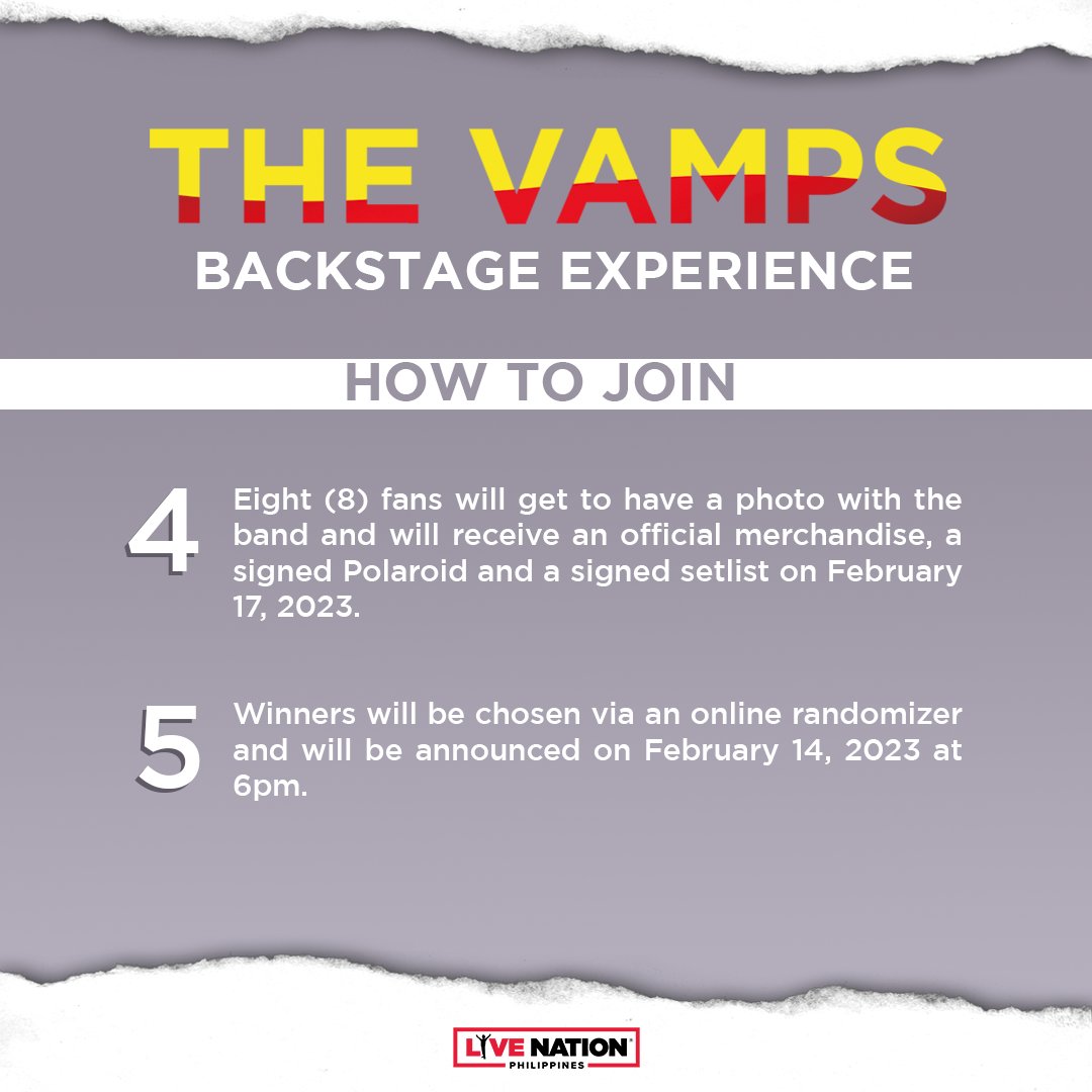 livenationph's tweet photo. We have something for you, Filo Vamily! 

Want to have a Backstage Experience before The Vamps' show on Feb 17, 2023 at the SM Mall of Asia Arena? Check this out! 

Tickets available at SM Tickets. More info at https://t.co/sNVHm8kCDH 

#TheVampsGreatestHitsTourMNL 
#TheVampsMNL https://t.co/eHGjlER8nB