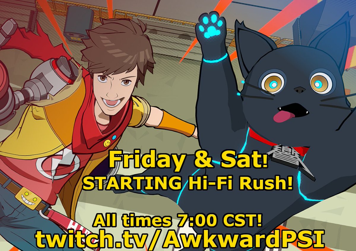 Sie8E's tweet image. Stream Schedule
Tap in for HI-FI RUSH 🎸⚡️ on Friday &amp;amp; Saturday! Brand-new rhythm-heavy action game OOZING with personality!
All streams start at 7:00 CST! At twitch.tv/AwkwardPSI