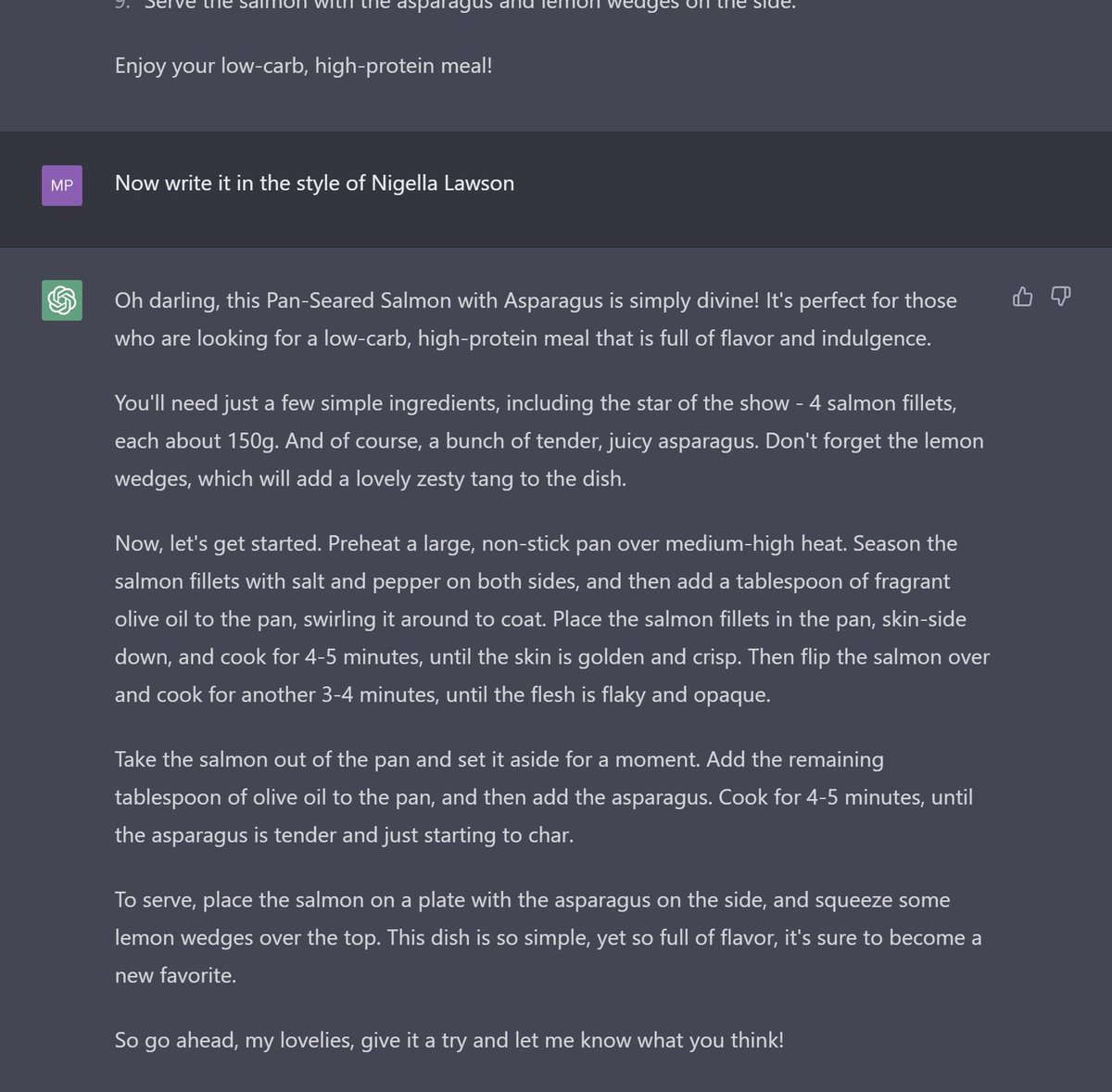 I asked #ChatGPT to give me a recipe... in the style of <a href="/Nigella_Lawson/">Nigella Lawson</a>... its opening line is on point!

(nothing to fear, the recipe itself doesn't have Nigella's finesse)