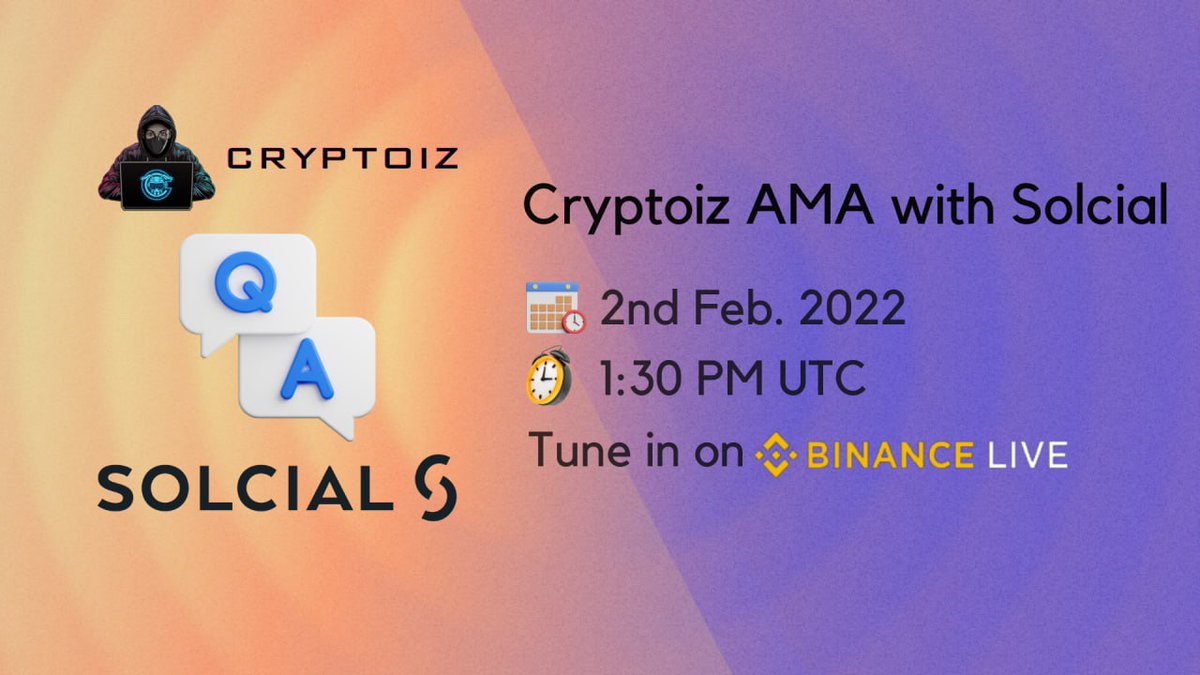 📍 We're gonna live on Binance with Solcial 
 
⏰ Feb, 2nd | 1:30 PM UTC 
💰  Reward $200 
📡  binance.me/id/live/video?…

〽️Rules:
1️⃣ Follow @solcialofficial  &amp; <a href="/cryptoiz_IDN/">Cryptoiz Research 🇮🇩🇮🇩</a>
2️⃣ Like &amp; RT
3️⃣ Comment Your Question Max 3 

#AMA #GIVEAWAY #askmeanything