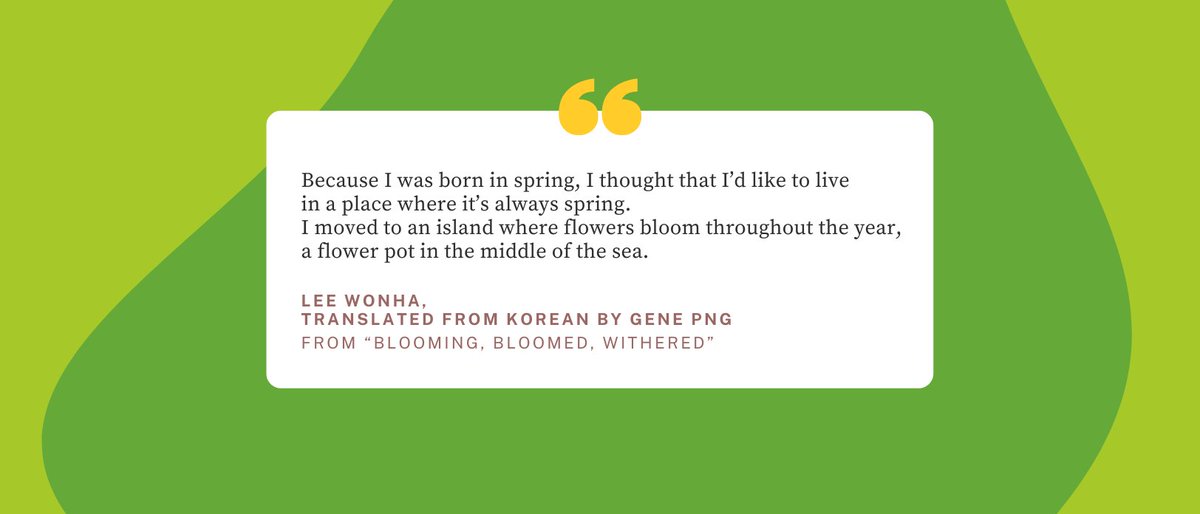 Today, read “Blooming, Bloomed, Withered,” Gene Png’s translation of a Lee Wonha poem. According to Gene, “The poet once confessed she never felt an affinity with nature until she moved to Jeju seeking respite from an unrequited love.” (@robinbythedoor)

sealitcircle.wixsite.com/pandanweekly/p…