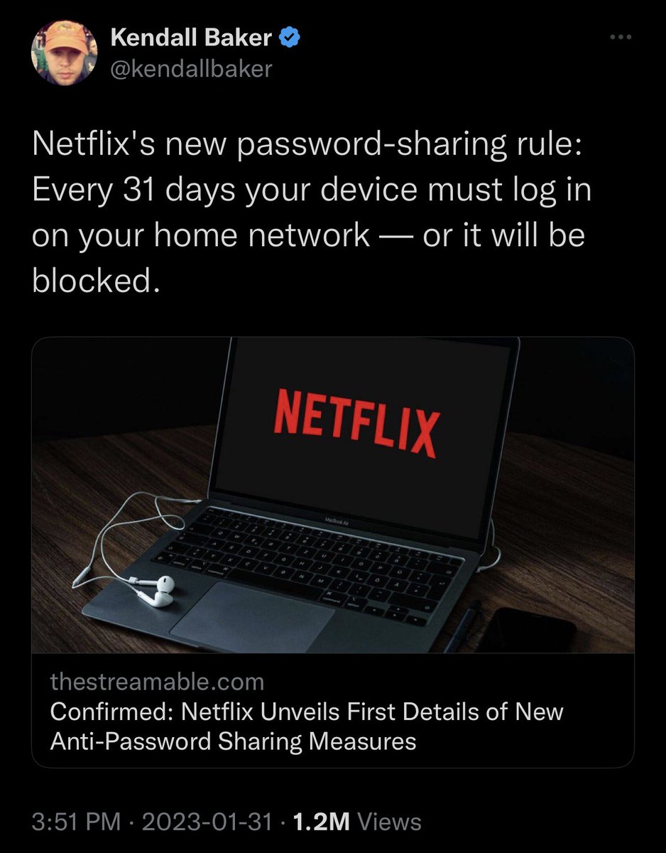 MikeBeauvais's tweet image. Netflix in 2017: Love is sharing a password.

Netflix in 2023: Prove your identity to us once a month or see you in hell, you password-sharing pieces of shit.