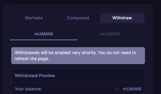 Ben54579391's tweet photo. @UmamiFinance 
I should able to withdraw mUMAMI on the  1st and 2nd. But this is what I see.....
Whats going on? https://t.co/LyOoSgjH44