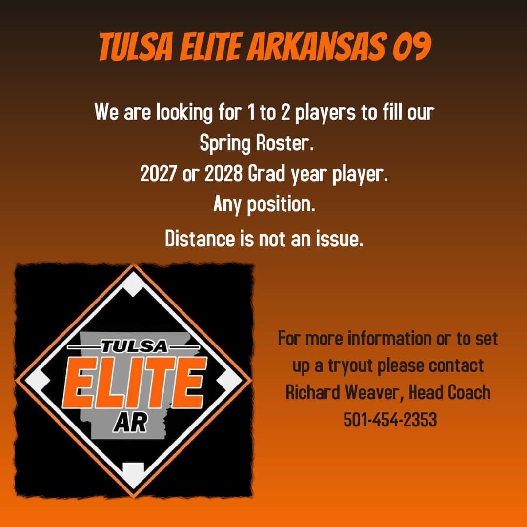 Tulsa Elite Arkansas 27/28 is looking to complete our Spring roster. Come play a highly competitive schedule with us.
<a href="/TulsaEliteSB/">Tulsa Elite Softball</a> <a href="/JeffFilali/">Jeff Filali | MrTulsa.com</a>