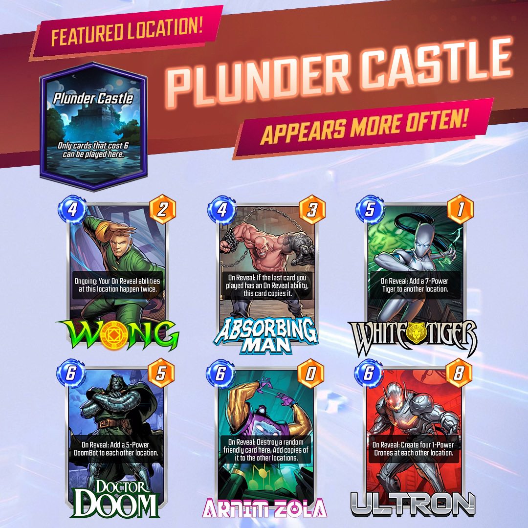 shadowdtv's tweet image. Some cards to leverage Plunder Castle being the Featured Location for the next 48 hours! 
Use these cards to get cards into Plunder Castle before Turn 6 #marvelSNAP
