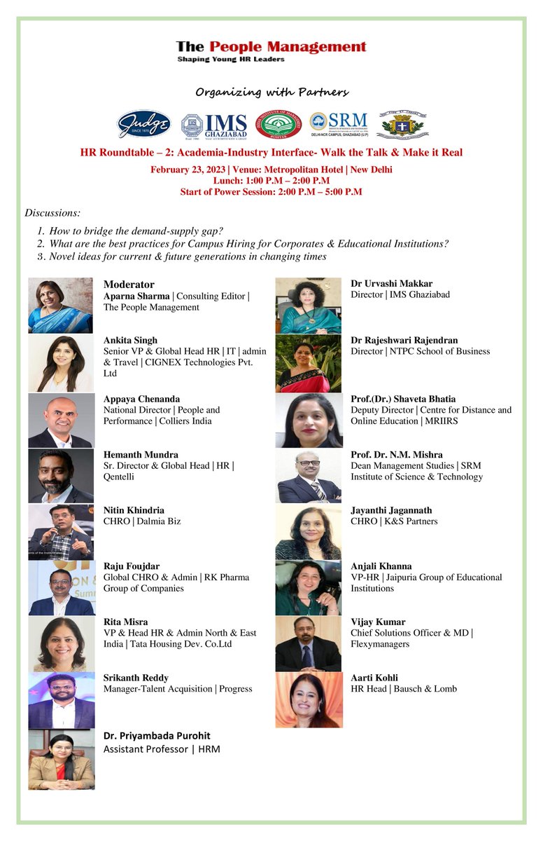 thepeoplemgmt's tweet image. Register for Two HR Roundtable(s) on Feb 23| 2023 | Metropolitan Hotel, New Delhi | HR &amp;amp; Highereducation
Register
payu.in/invoice/CEC42C…
sunitarawat@thepeoplemanagement.com
#hrsoftwares #hrprofessionals #hrleaders #Institutes #universitities #professors #hrd #hrm #hrdirectors