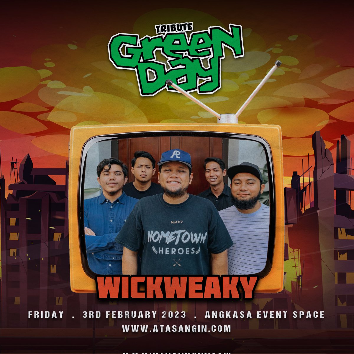 WickWeaky's tweet photo. 3rd February 2023 at angkasa event space, tribute to greenday organized by @_atasangin Alongside @panasejook
@EscapePlanEP @brainstewrasmi and @johny23official
We'll be playing greenday songs for you. Get your tickets now! Stay wicked! https://t.co/E5udQYjNSf