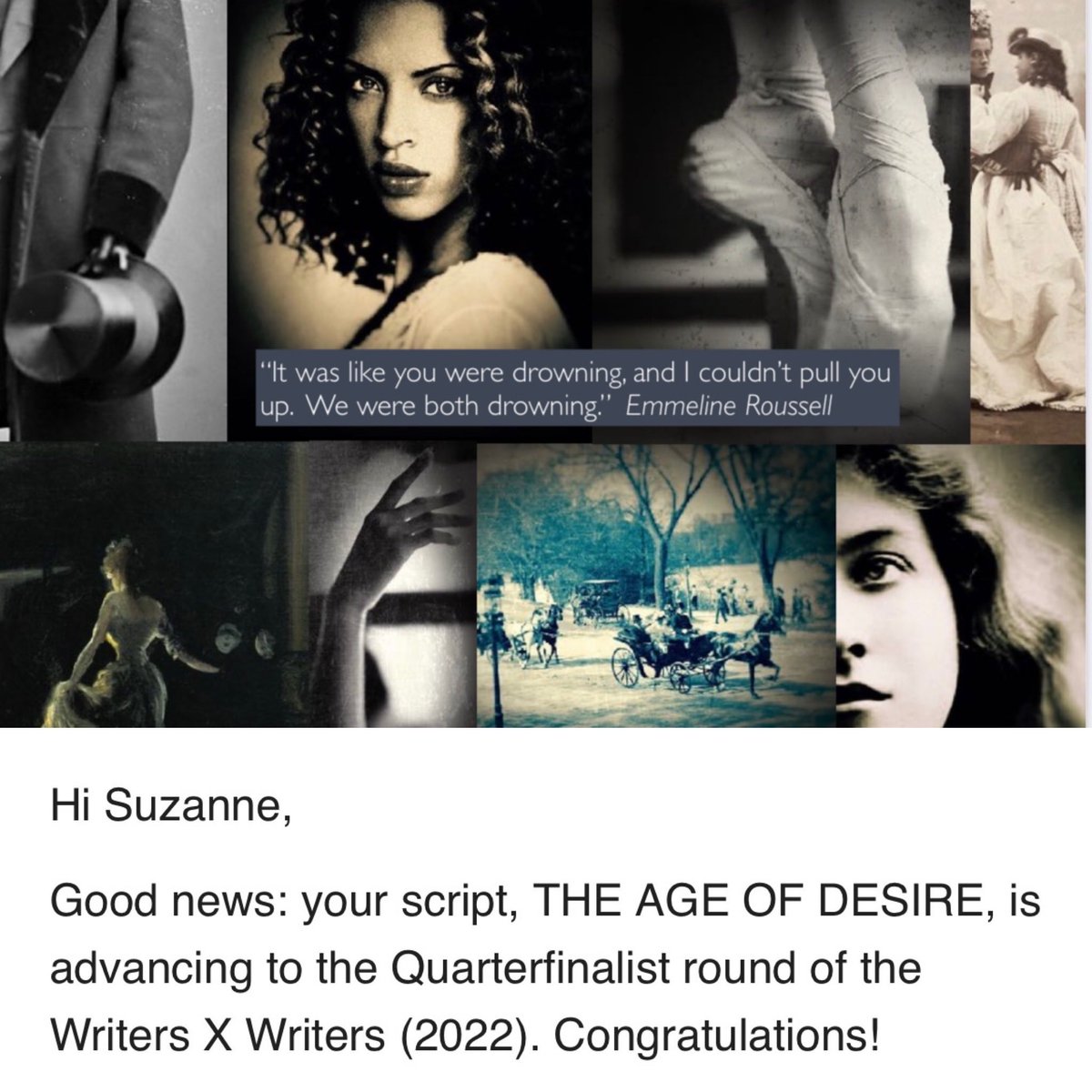 Delighted to see my queer, female-driven drama pilot THE AGE OF DESIRE is now a ⁦@writersXwriters⁩ Quarterfinalist - many thanks to my Writers x Writers reader, and congrats to all the QFs!!! #femaledriven #screenwritingtwitter #femalegaze #tvpilot #drama #streaming