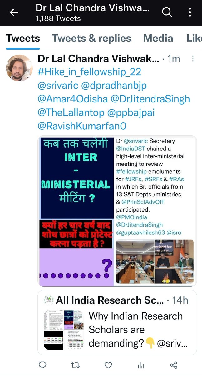 All India Research Scholars Association (@airsaindia) on Twitter photo Our scientific higher authorities should encourage to Indian Research Scholars towards science & research rather than ignored their request👇 #Hike_in_fellowship_22
<a href="/PMOIndia/">PMO India</a> <a href="/EduMinOfIndia/">Ministry of Education</a> <a href="/IndiaDST/">DSTIndia</a> <a href="/ppbajpai/">punya prasun bajpai</a> <a href="/srivaric/">chandra Srivari</a> <a href="/DrJitendraSingh/">Dr Jitendra Singh</a> <a href="/dpradhanbjp/">Dharmendra Pradhan</a> <a href="/varungandhi80/">Varun Gandhi</a> <a href="/Xpress_edex/">Edex - The New Indian Express</a> Our scientific higher authorities should encourage to Indian Research Scholars towards science & research rather than ignored their request👇 #Hike_in_fellowship_22
<a href="/PMOIndia/">PMO India</a> <a href="/EduMinOfIndia/">Ministry of Education</a> <a href="/IndiaDST/">DSTIndia</a> <a href="/ppbajpai/">punya prasun bajpai</a> <a href="/srivaric/">chandra Srivari</a> <a href="/DrJitendraSingh/">Dr Jitendra Singh</a> <a href="/dpradhanbjp/">Dharmendra Pradhan</a> <a href="/varungandhi80/">Varun Gandhi</a> <a href="/Xpress_edex/">Edex - The New Indian Express</a>