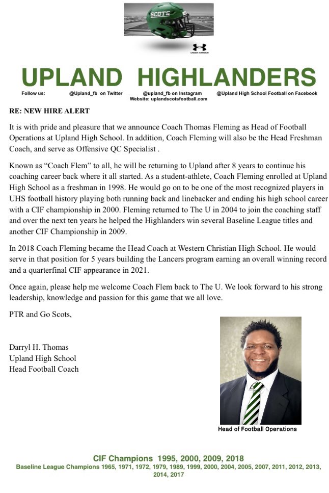 Coach Thomas Fleming (@coachfleming_hc) on Twitter photo Overjoyed to be back home! Thankful to <a href="/upland_fb/">Upland Football</a> for the opportunity to come back in a major way! Forever grateful for my time at Western, I was tremendously blessed for my time as Head Coach. #nextchapter #goscots #ptr #YO23 <a href="/GregBiggins/">Greg Biggins</a> <a href="/chriscfore/">Chris Fore</a> @ Overjoyed to be back home! Thankful to <a href="/upland_fb/">Upland Football</a> for the opportunity to come back in a major way! Forever grateful for my time at Western, I was tremendously blessed for my time as Head Coach. #nextchapter #goscots #ptr #YO23 <a href="/GregBiggins/">Greg Biggins</a> <a href="/chriscfore/">Chris Fore</a> @