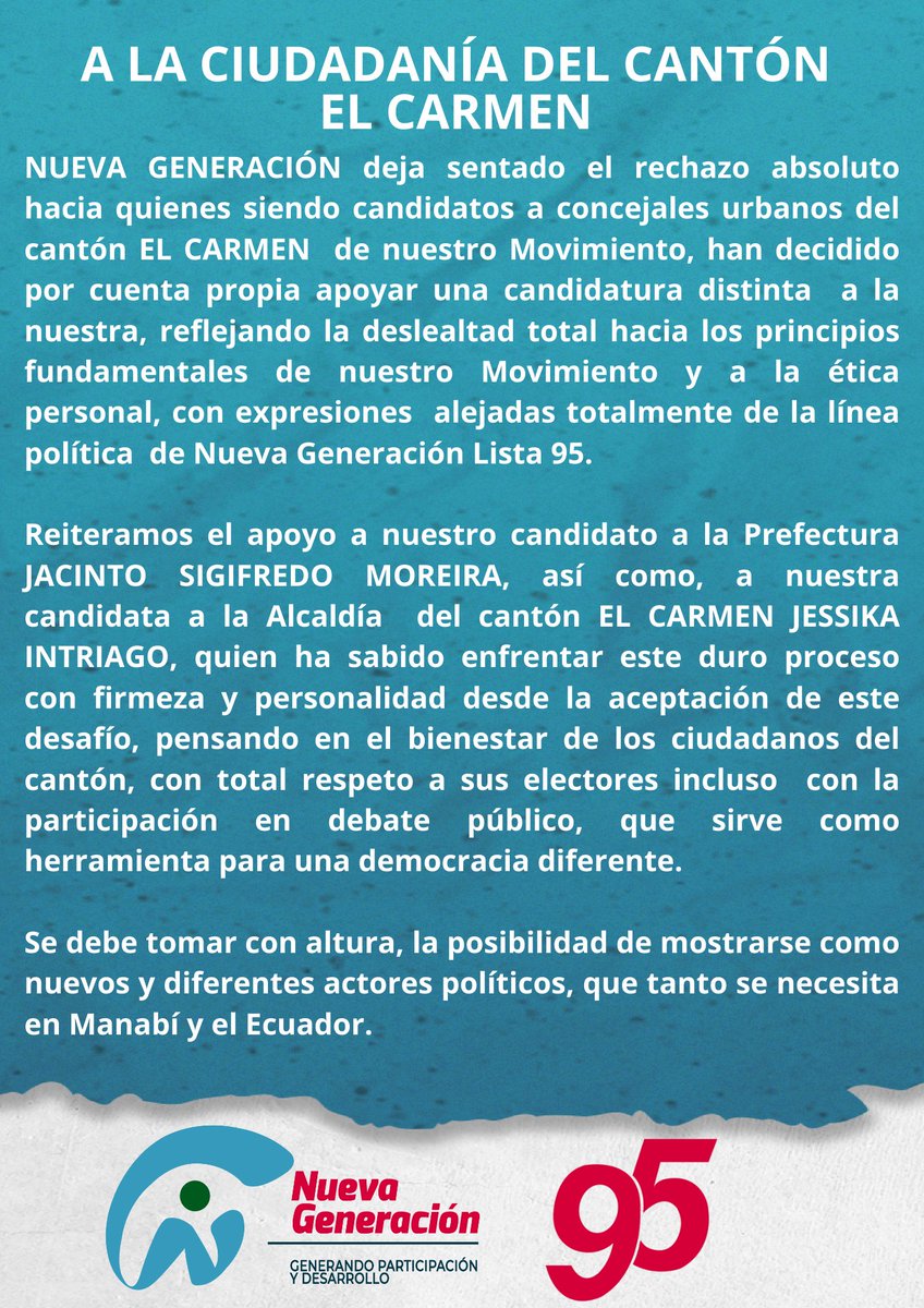 NGManabi's tweet photo. Manifiesto Público.

#NuevaGeneración
#JacintoSigifredoPrefecto
#JessikaIntriagoAlcaldesa
#ElCarmen https://t.co/qG92cZtxZ0