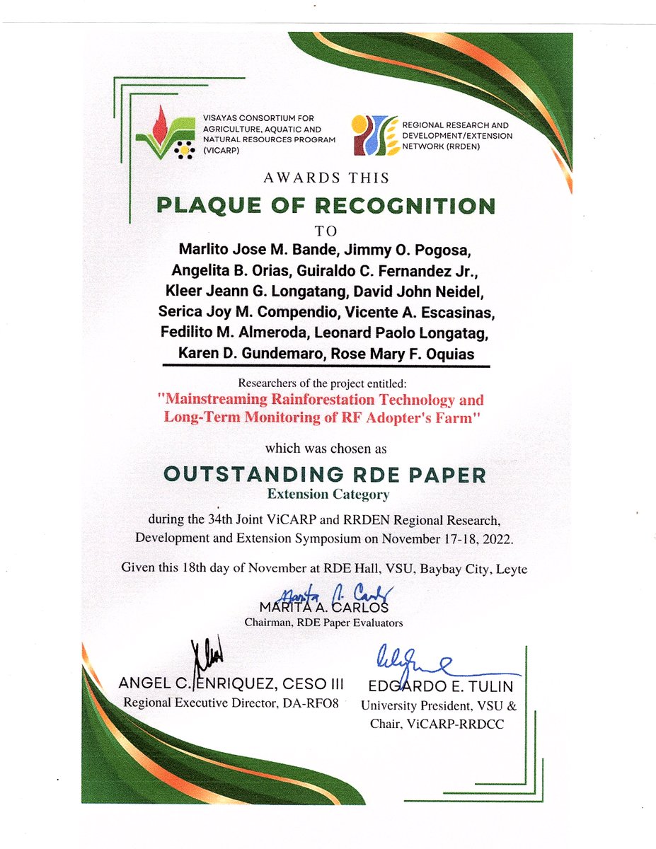 Yale_ELTI's tweet photo. ELTI’s collaboration with @visayasstateu on its project entitled “Mainstreaming Rainforestation Technology and Long-Term Monitoring of Rainforestation Adopter’s Farms” was recently recognized for outstanding research and extension at the Joint Visayas Consortium #Rainforestation https://t.co/4Jm5syB2TW