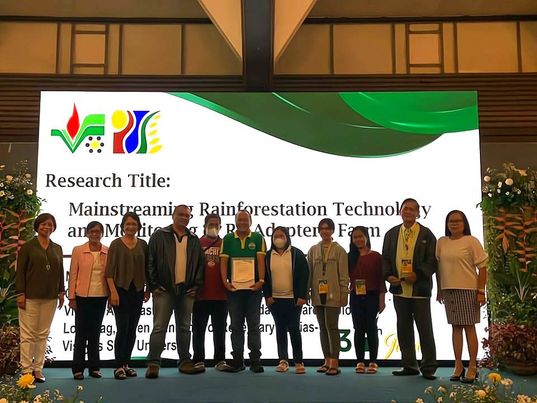 Yale_ELTI's tweet photo. ELTI’s collaboration with @visayasstateu on its project entitled “Mainstreaming Rainforestation Technology and Long-Term Monitoring of Rainforestation Adopter’s Farms” was recently recognized for outstanding research and extension at the Joint Visayas Consortium #Rainforestation https://t.co/4Jm5syB2TW