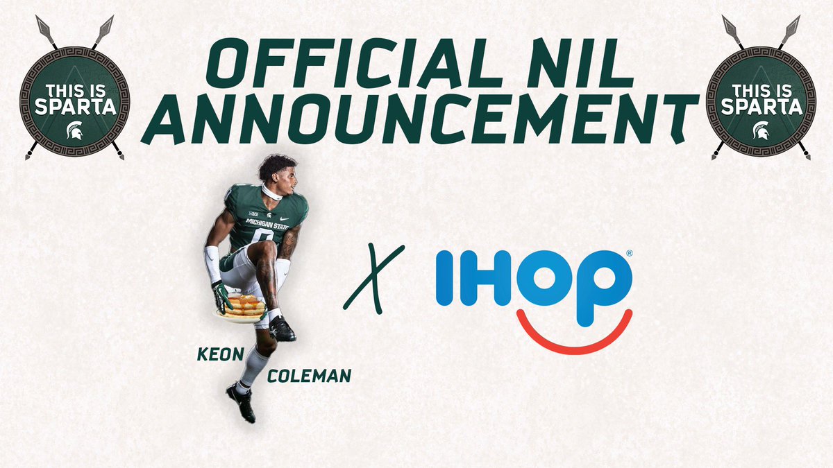ThisIsSpartaMSU's tweet photo. Congratulations to @keoncoleman6 now a brand ambassador for our show partner @IHOP ! Come eat 🥞 with Keon &amp; get his autograph in Grand Rapids &amp; Brighton! Details in comments https://t.co/deutk3aIkf