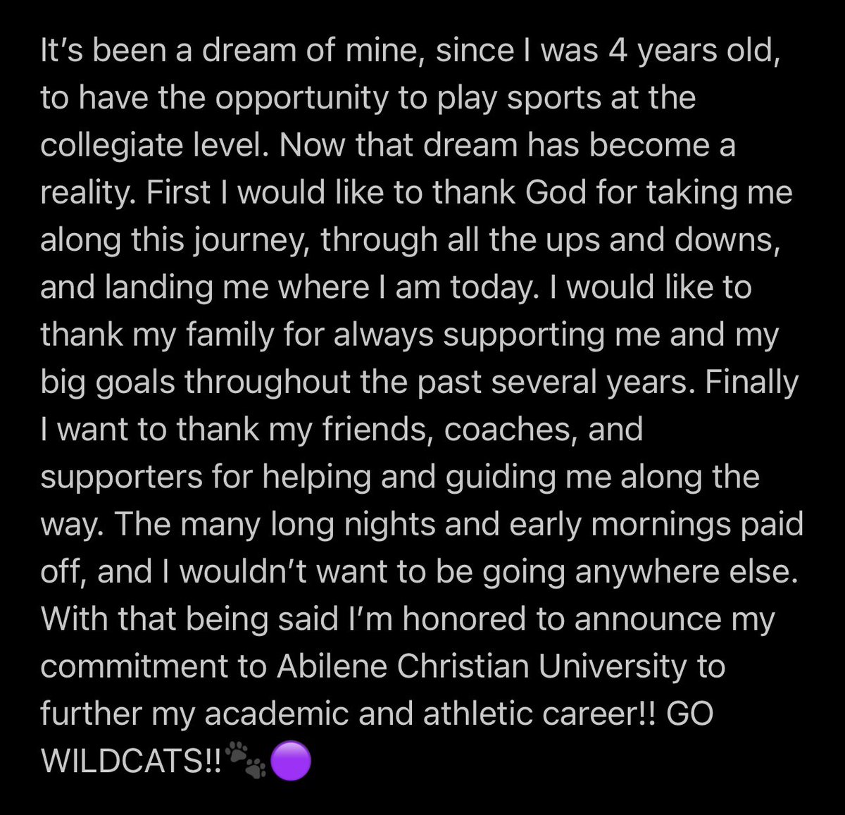 COMMITTED!!!🐾✝️ #AGTG #gowildcats @ACUFootball @coachp_ACU @CoachRyanPugh @danzey53 @Coach_MattClark @rick_mccarty31 @BlazeLambert @coachcodutti @Coach_DJones @Coach_Morton60 @Coach_Trae_ @footwork_king1 @headbuII @mavsman53