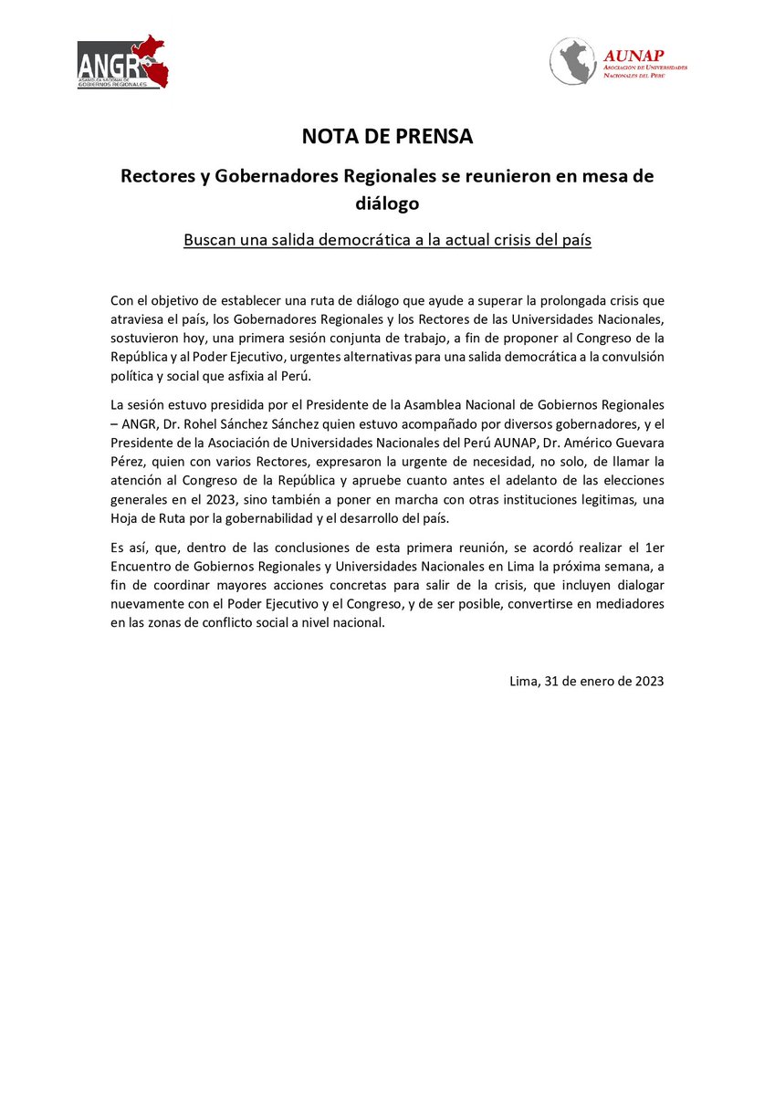 #Notadeprensa| Rectores y Gobernadores Regionales se reunieron en mesa de diálogo, buscan una salida democrática a la actual crisis del país.

aunap.edu.pe/post/rectores-…