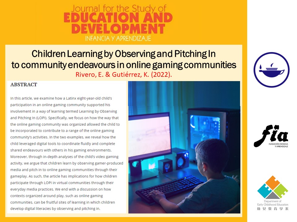 jsed_infancia's tweet photo. "Children Learning by Observing and Pitching In to community endeavours in online gaming communities" https://t.co/qlo3HSXZ02… 

by Edward Rivero and Kris Gutiérrez 

#JSED #education #research #children #onlinegaming #learning #observing #pitchingin https://t.co/T1lJt82udE