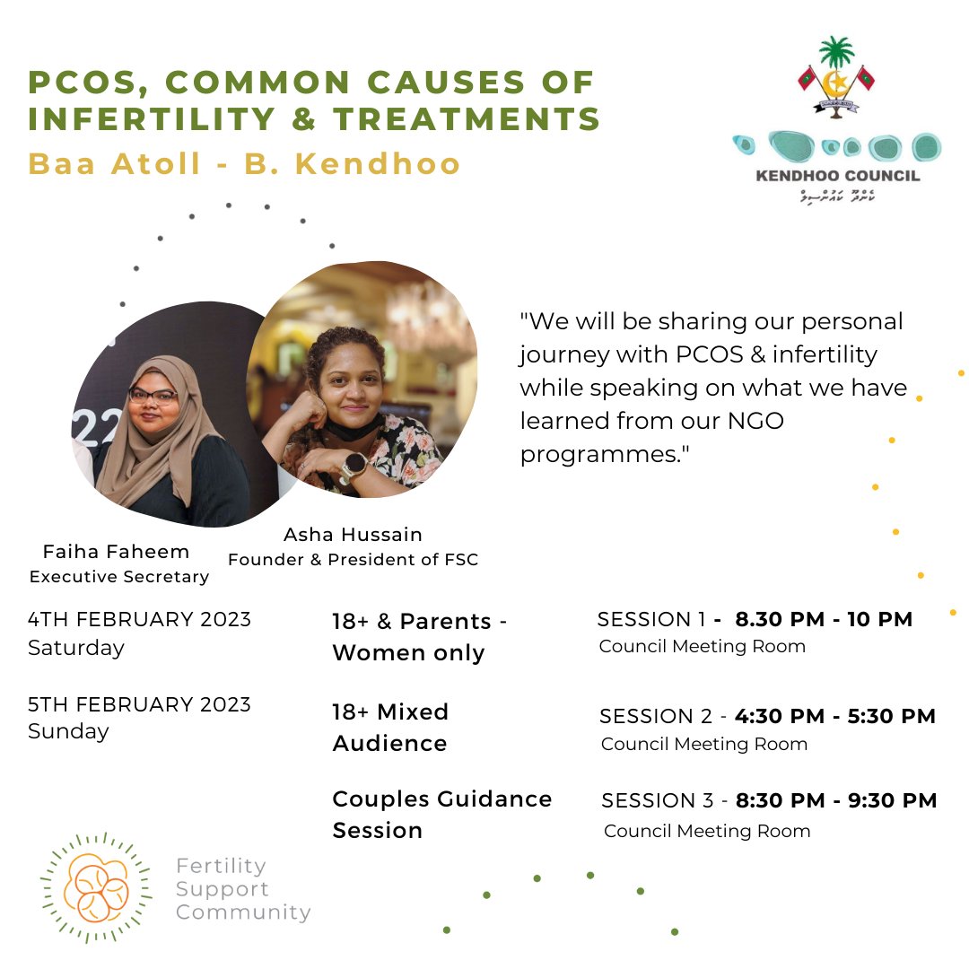 FS_Community_'s tweet photo. We are excited to begin our island advocacy programme with B. Kendhoo on this Saturday. 
Thank you Secretariat of #Kendhoo Council for this opportunity &amp; collaboration.

#fertilityawareness #infertility #commoncauses #pcos #malefactorinfertility #maldives #betterinbaa https://t.co/U9CV4N3Cor