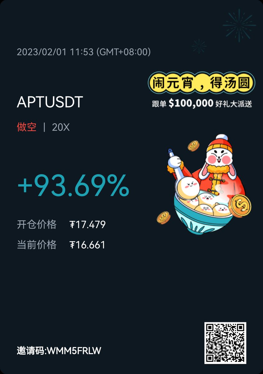 最近战绩特别不错：
1，推了几次的DYDX获利2倍
2，前天推特推的GTC获利15%以上
3，朋友圈推的beta获利30%以上
4，朋友圈做空的APT获利1倍

本人微信：BDD_19
备注推特号，我会优先通过经常活跃的伙伴！