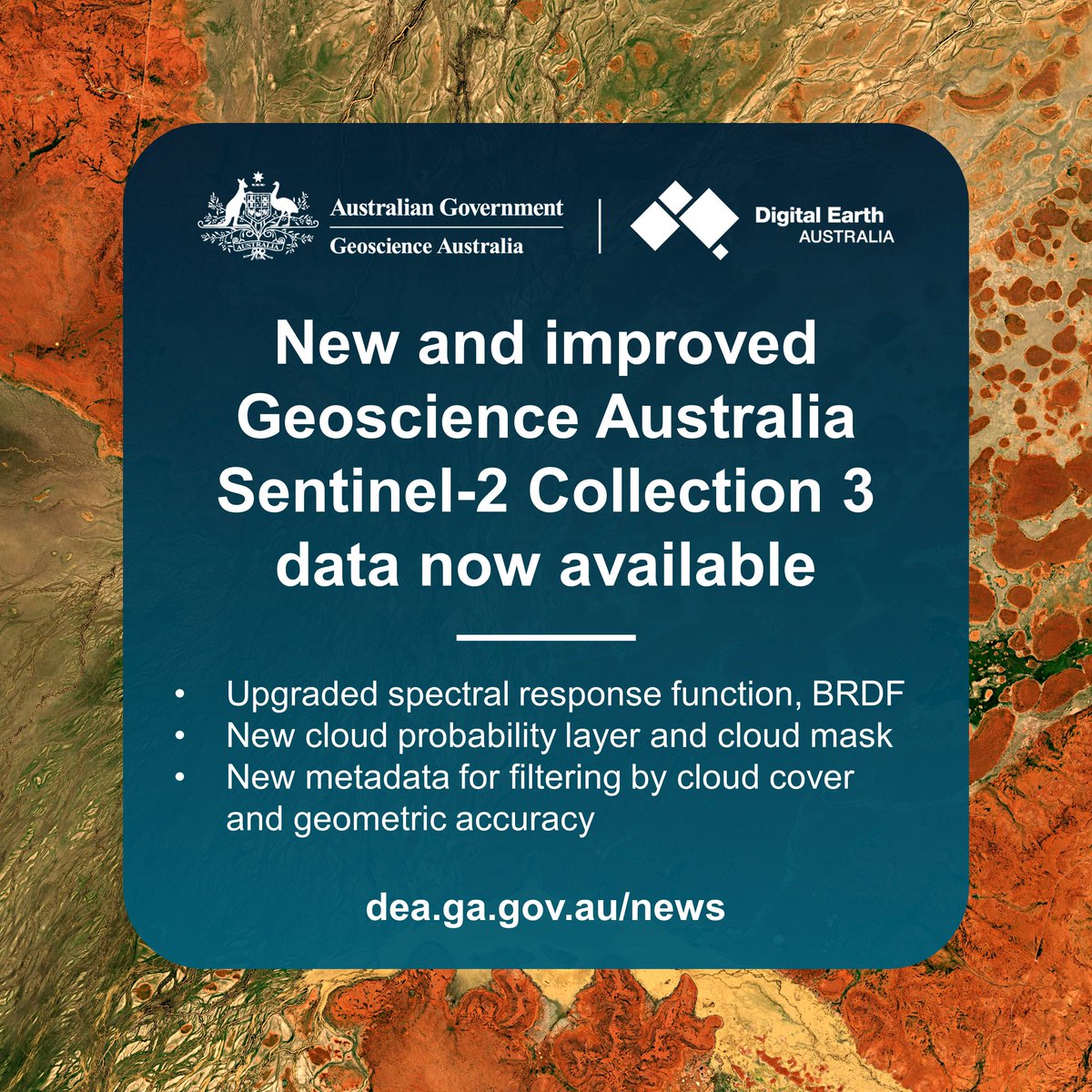 GeoscienceAus's tweet photo. #Sentinel2 Collection 3 data includes many important improvements that enhance the quality of the satellite data and make it easier to use.

Learn more about our new data 👉 https://t.co/3WwVXN1C30 https://t.co/GLlQk2pEdW