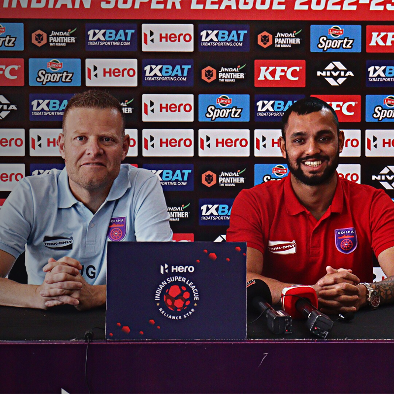 OdishaFC's tweet photo. ℹ️ Josep Gombau and Nikhil Prabhu faced the media in Bhubaneswar for the pre-match presser ahead of our trip to Chennai 🛫🟣

#OdishaFC #AmaTeamAmaGame #TheEasternDragons #CFCOFC #HeroISL