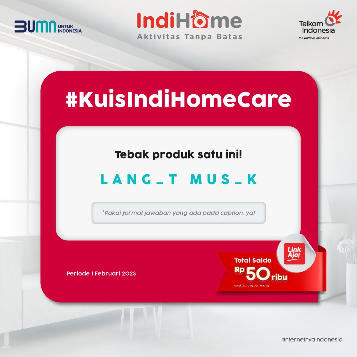 IndiHomeCare's tweet photo. Selamat hari Rabu, Sobat! Yuk, lengkapi kalimat berikut ini dan menangkan hadiahnya!🤗
 
Raih hadiah saldo LinkAja senilai Rp50.000 masing-masing untuk 2 Sobat beruntung.

Jangan lupa follow @IndiHomeCare dan cantumkan tagar #KuisIndiHomeCare saat menjawab, ya! https://t.co/dwFoq2NPe8