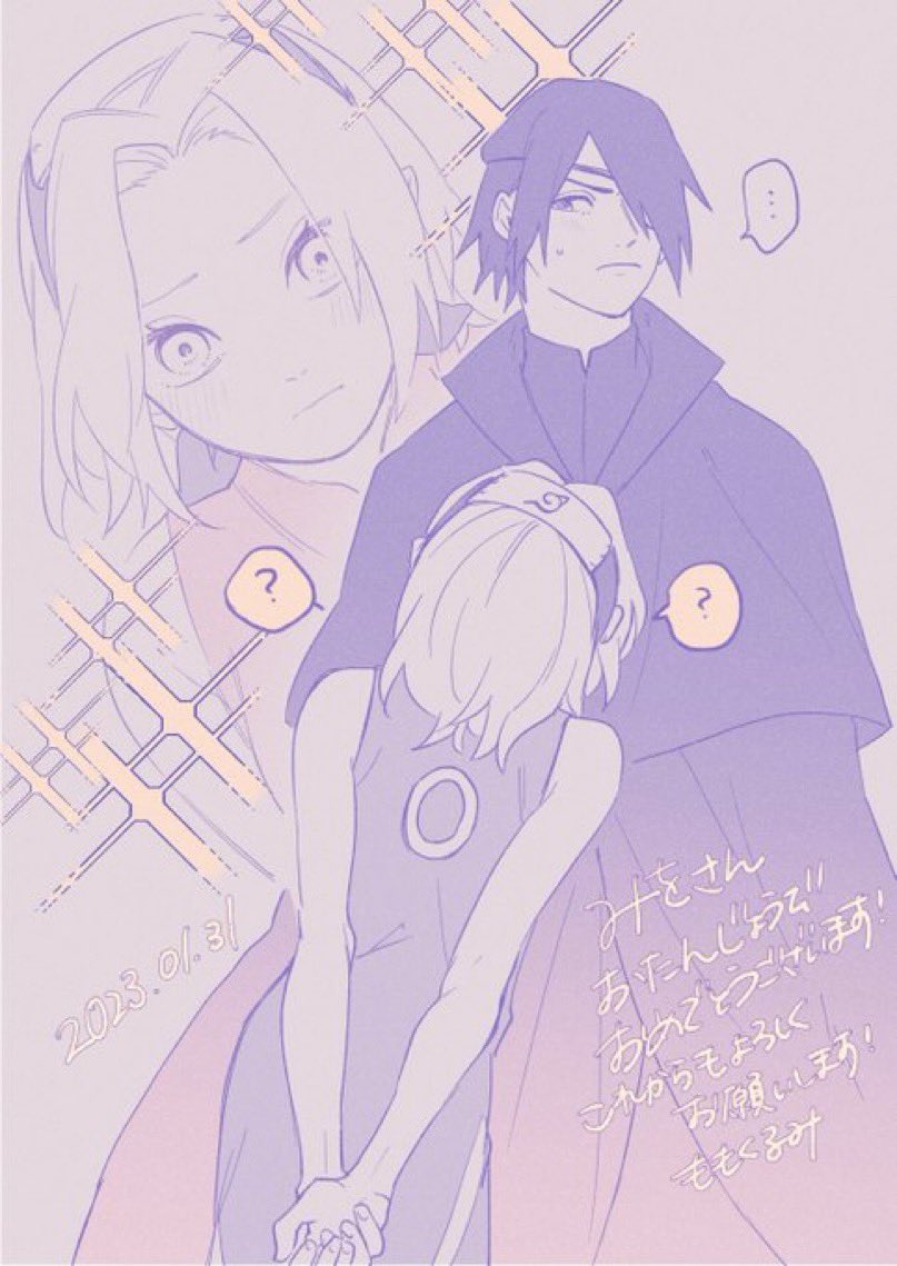 haruno sakura ,uchiha sasuke 1girl 1boy ? ... short hair arms behind back hair over one eye  illustration images