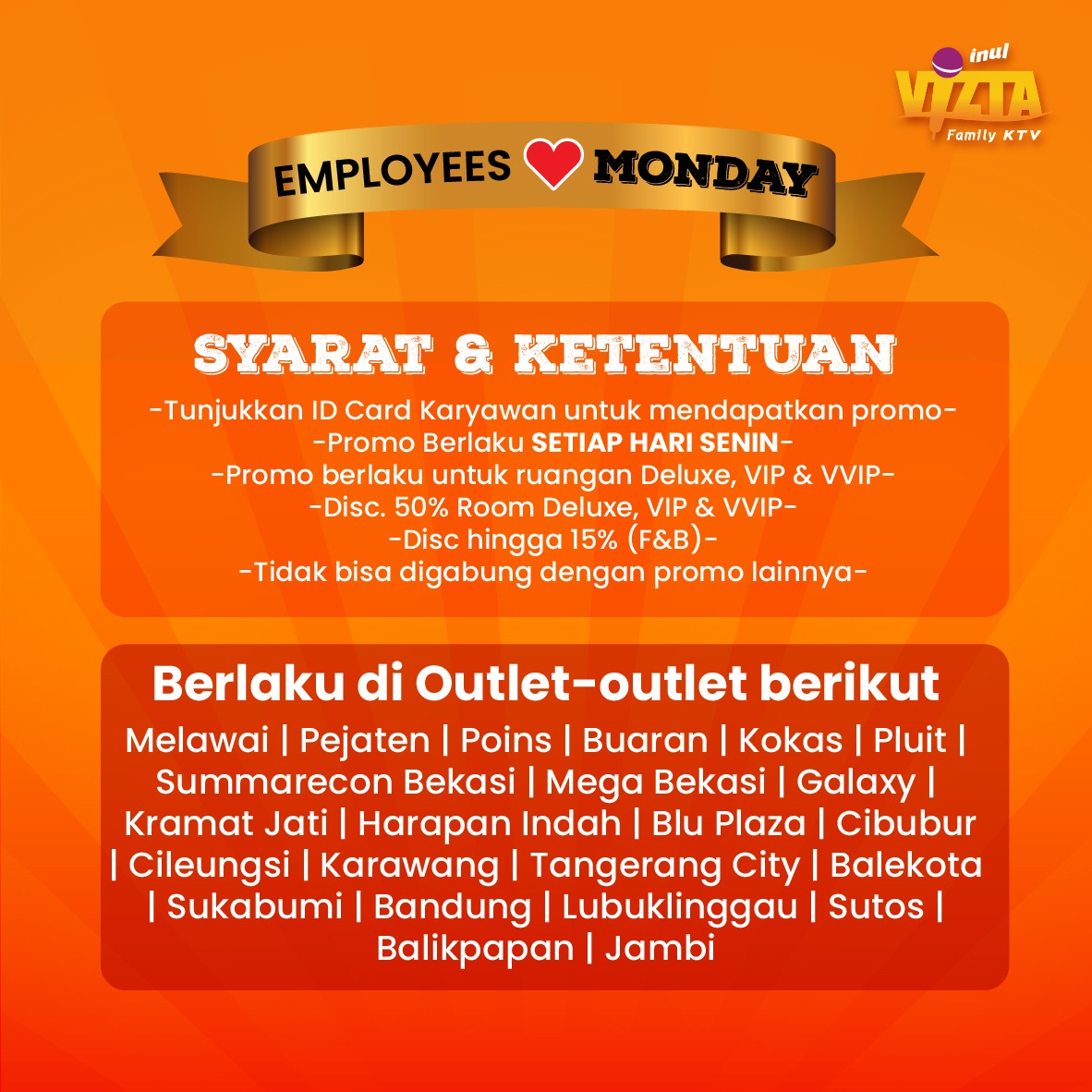 Nikmati PROMO Employees LOVE Monday 
Hanya dengan menunjukan ID Card Karyawan pada saat walk in ke outlet, 
Kamu akan dapat Disc. 50% untuk jenis room Deluxe, VIP, VVIP dan Disc. 15% untuk menu F&amp;B kami..

#karaoke #karaokekeluarga #keinvizaja #inulvizta #karaokeamandannyaman