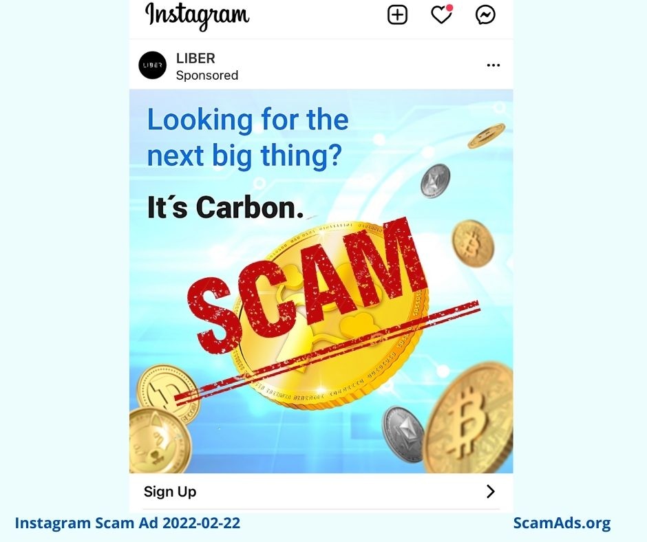 #Instagram #Meta Platforms Inc.  This new crypto token called Carbon is a #scam and should be reported to  <a href="/canantifraud/">Canadian Anti-Fraud Centre</a> <a href="/FTC/">FTC</a> and the <a href="/FBI/">FBI</a>
#scamads #fakeads #bancryptocurrencyads