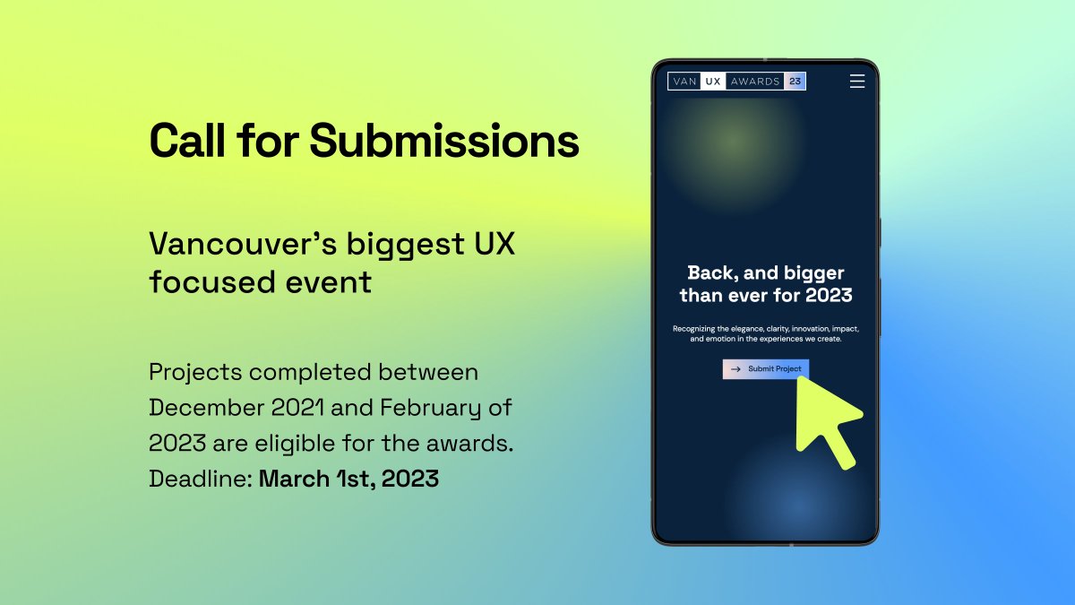 We are now accepting submissions for the 2023 Vancouver UX Awards. 

All award submissions will be judged by an independently chosen panel of seasoned UX veterans, representing different sectors of the UX industry.
‍
Submit your project here by March 1st: lnkd.in/g9sP8Ya7